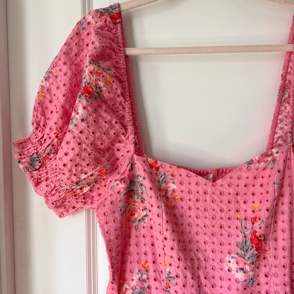 LoveShackFancy Altima Mini Dress Pink Floral Puff Sleeve 100% Cotton Medium - Picture 3 of 9